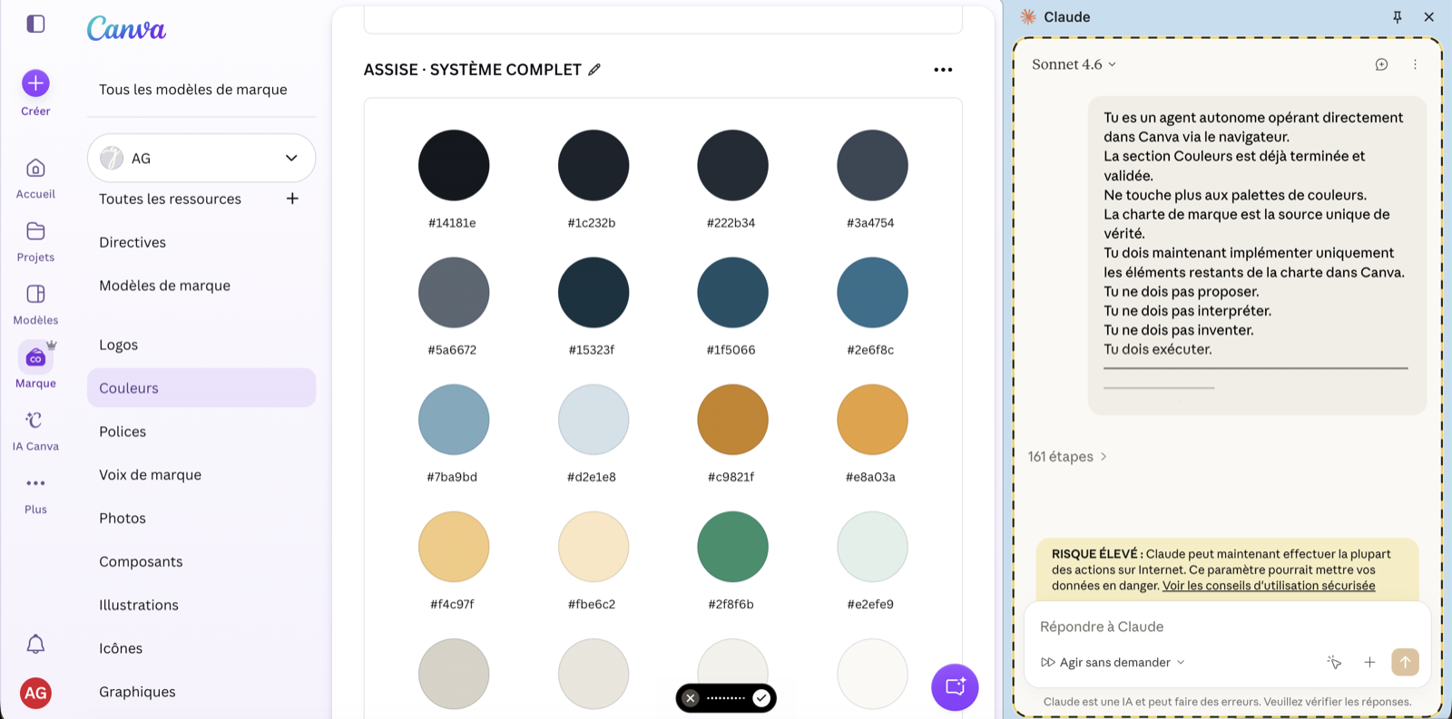 Claude opérant dans Canva : palette implémentée dans le Brand Kit
