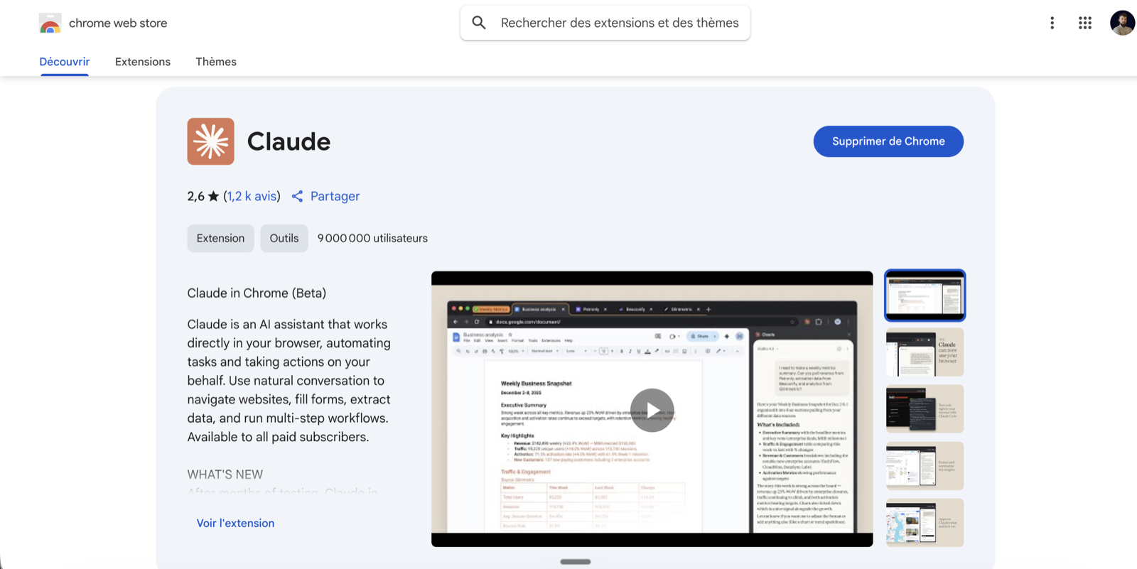 Page de l'extension Claude in Chrome sur le Chrome Web Store