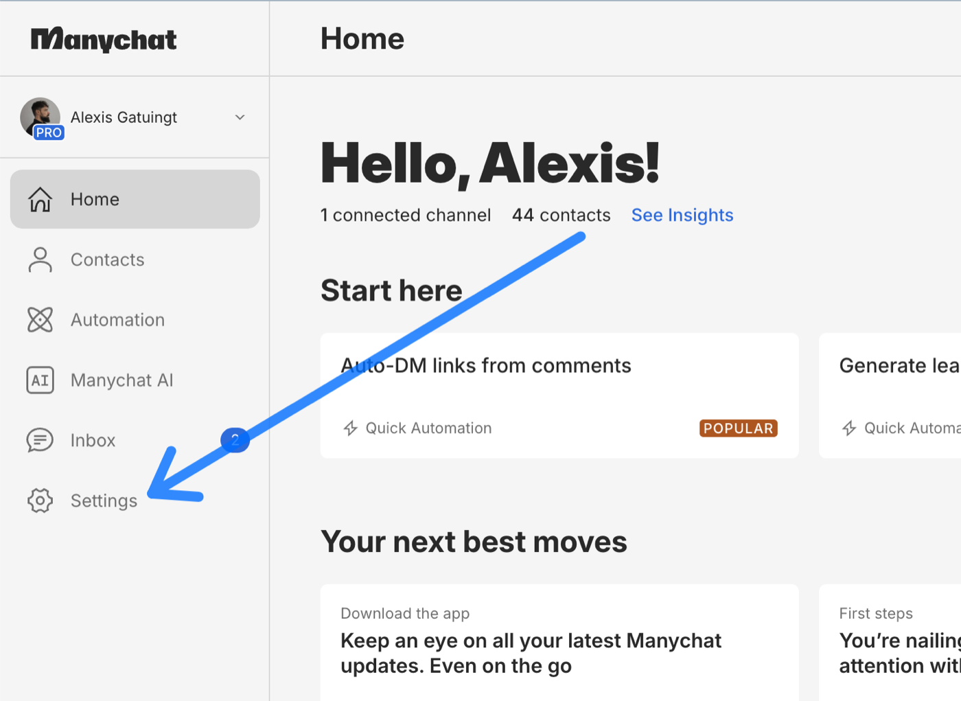 Accueil ManyChat, accès aux Settings