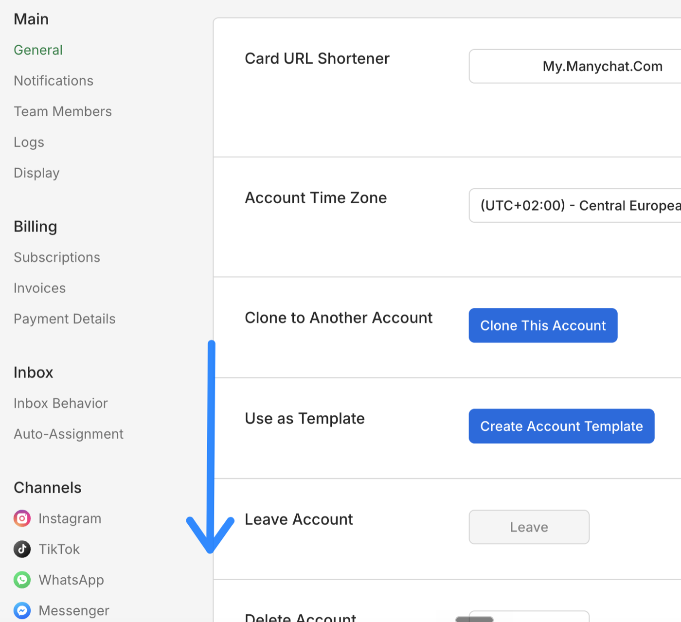 Page General des Settings ManyChat