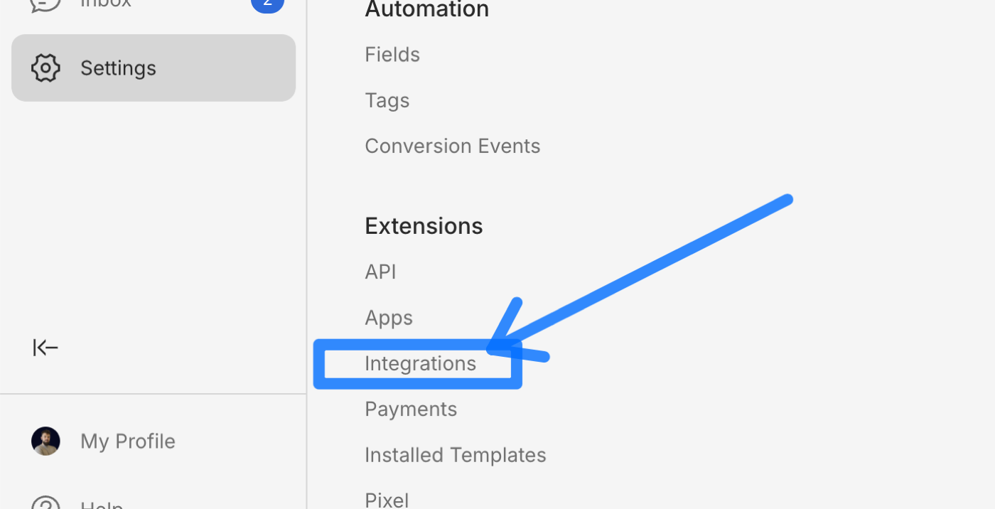 Menu Extensions, Integrations dans ManyChat