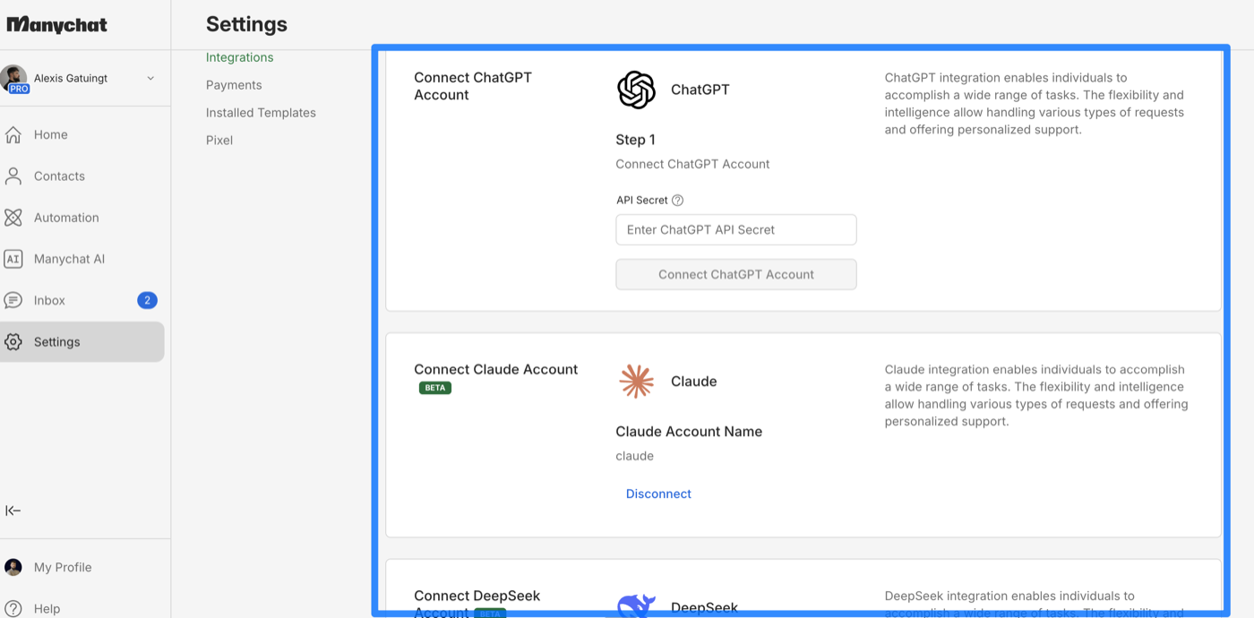 Connexion du compte Claude dans ManyChat via API Secret
