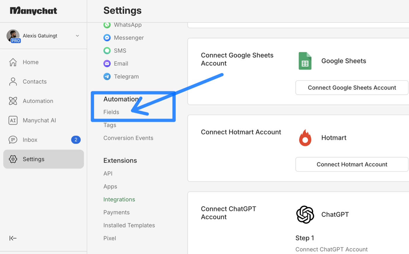 Accès au menu Fields dans ManyChat