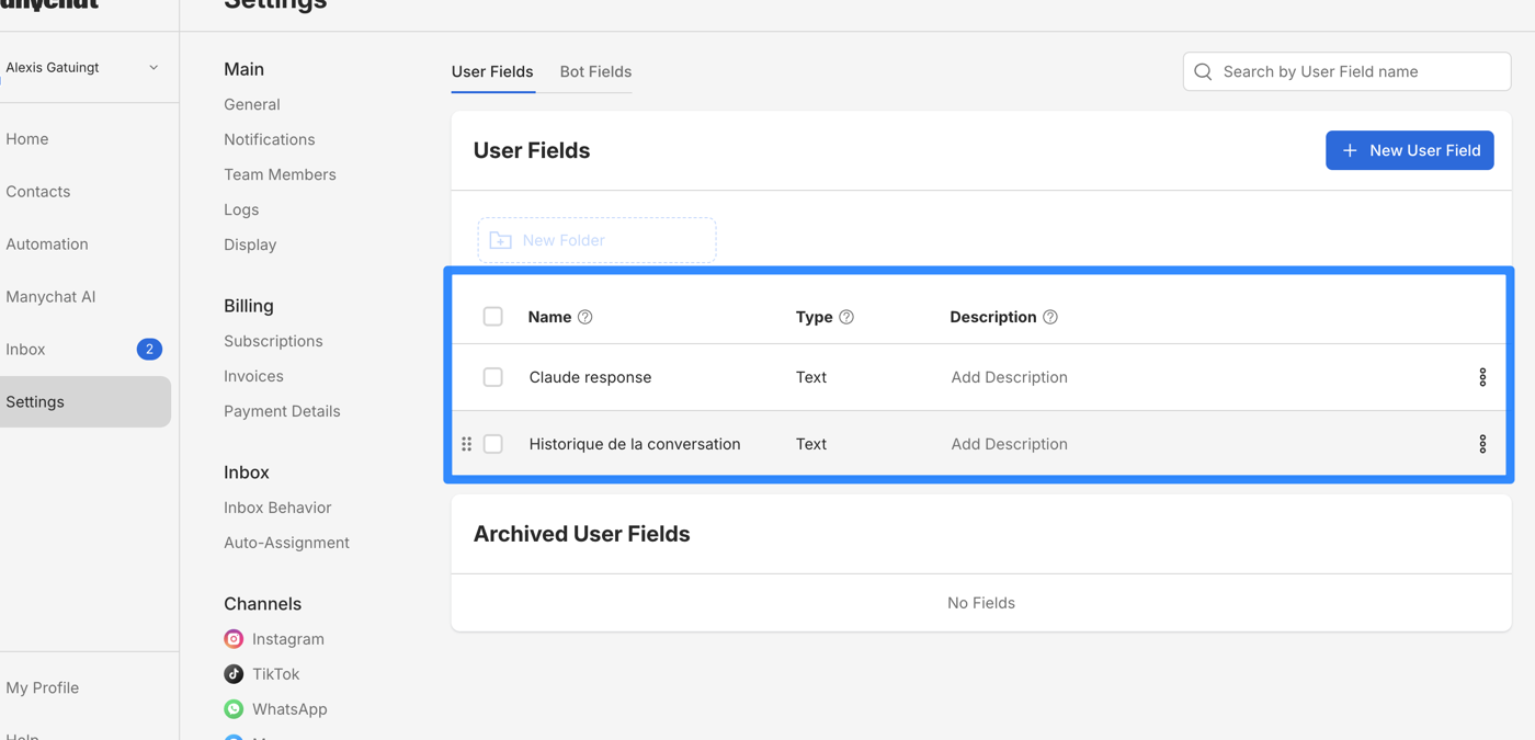 Les deux User Fields Claude response et Historique de la conversation