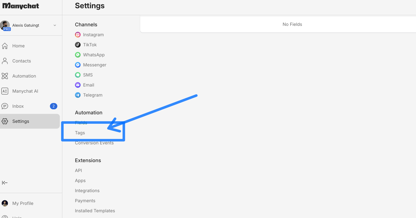 Accès au menu Tags dans ManyChat