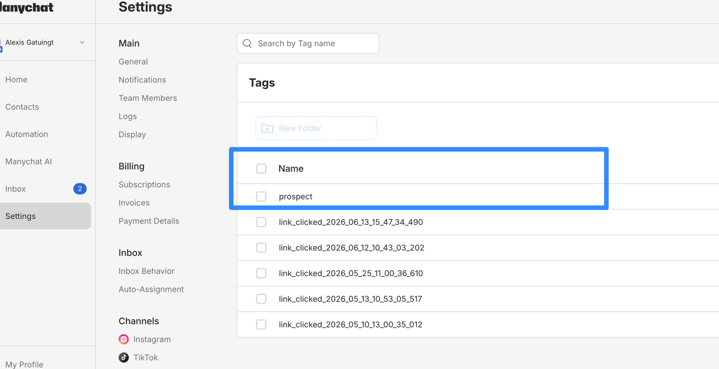Le tag prospect dans la liste des tags