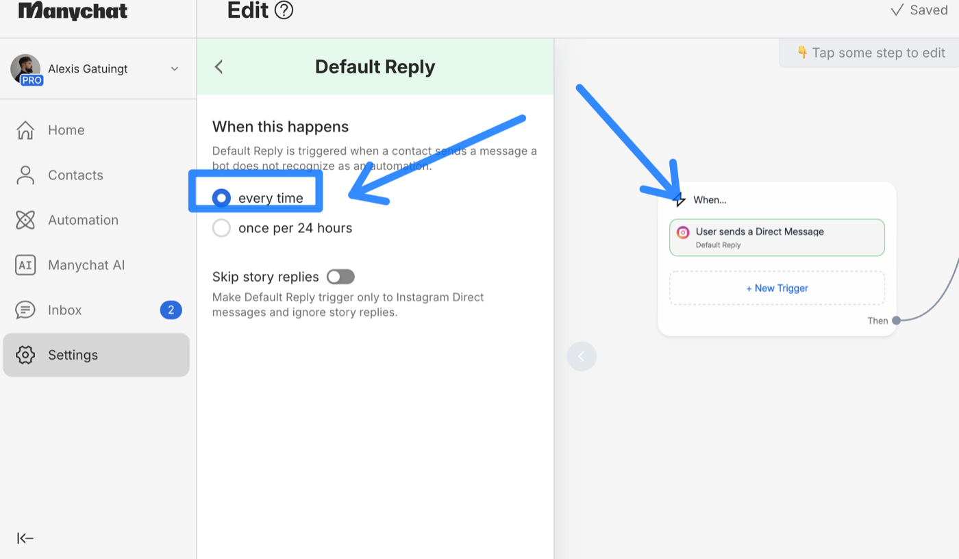 Réglage every time sur la Default Reply
