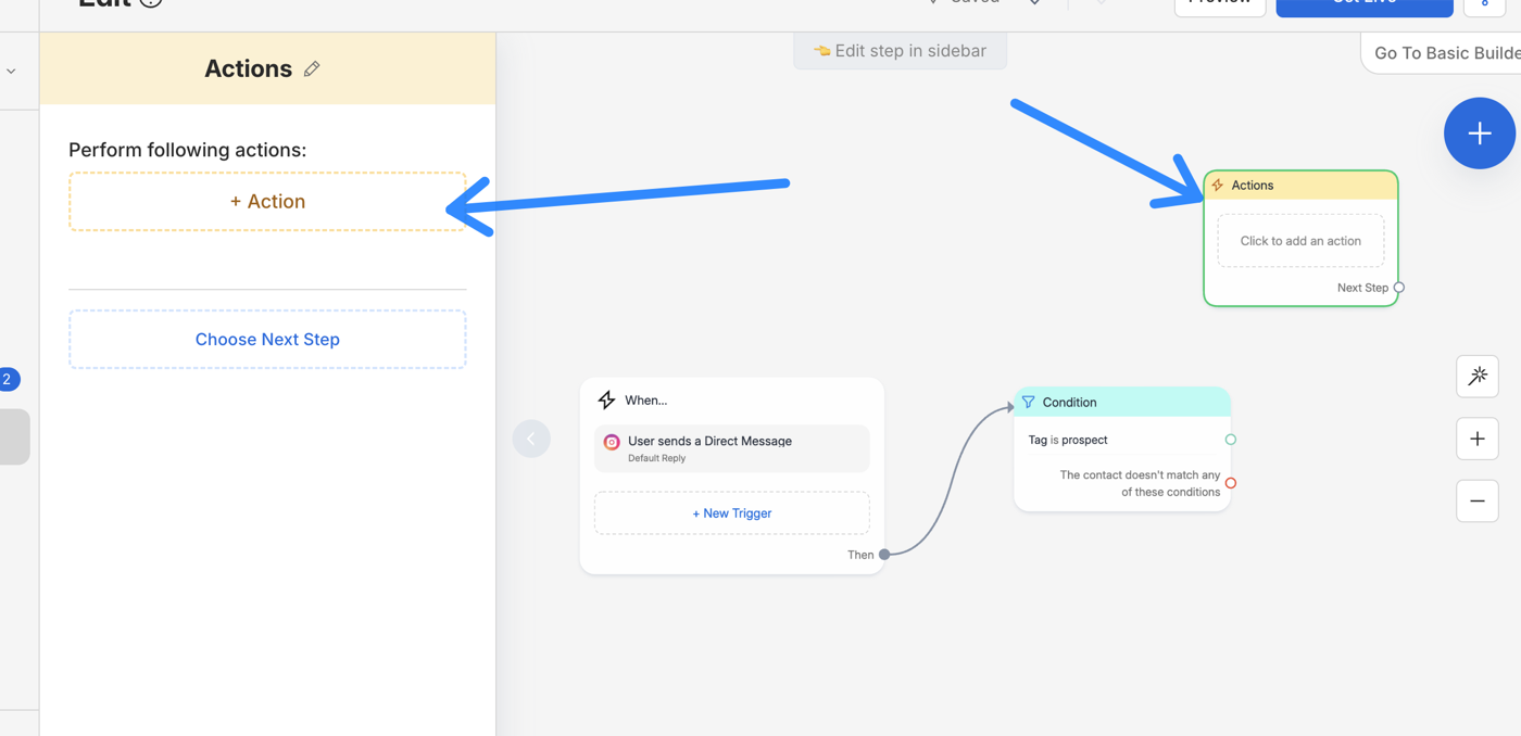 Click to add an action dans le bloc Actions