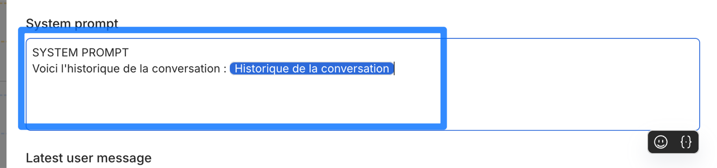 System prompt avec la variable Historique de la conversation