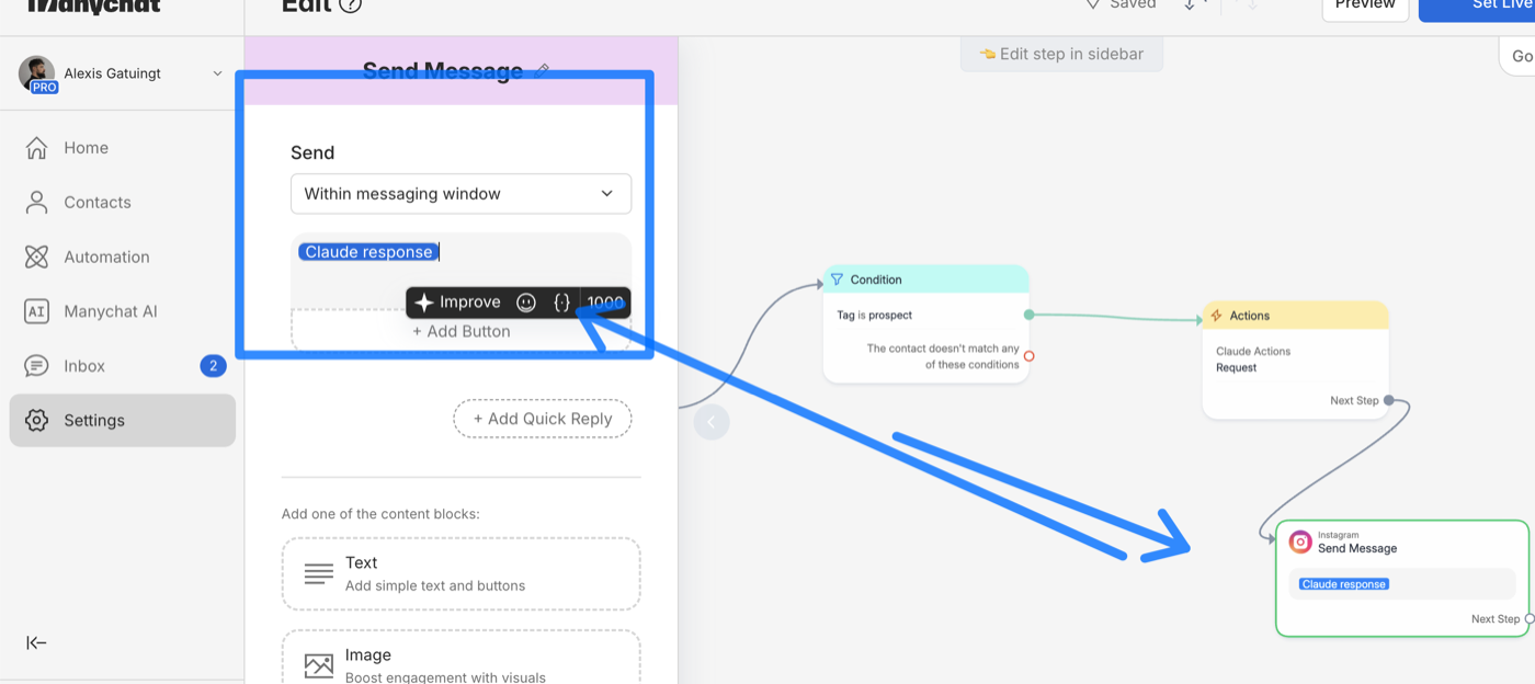 Bloc Send Message Instagram avec la variable Claude response