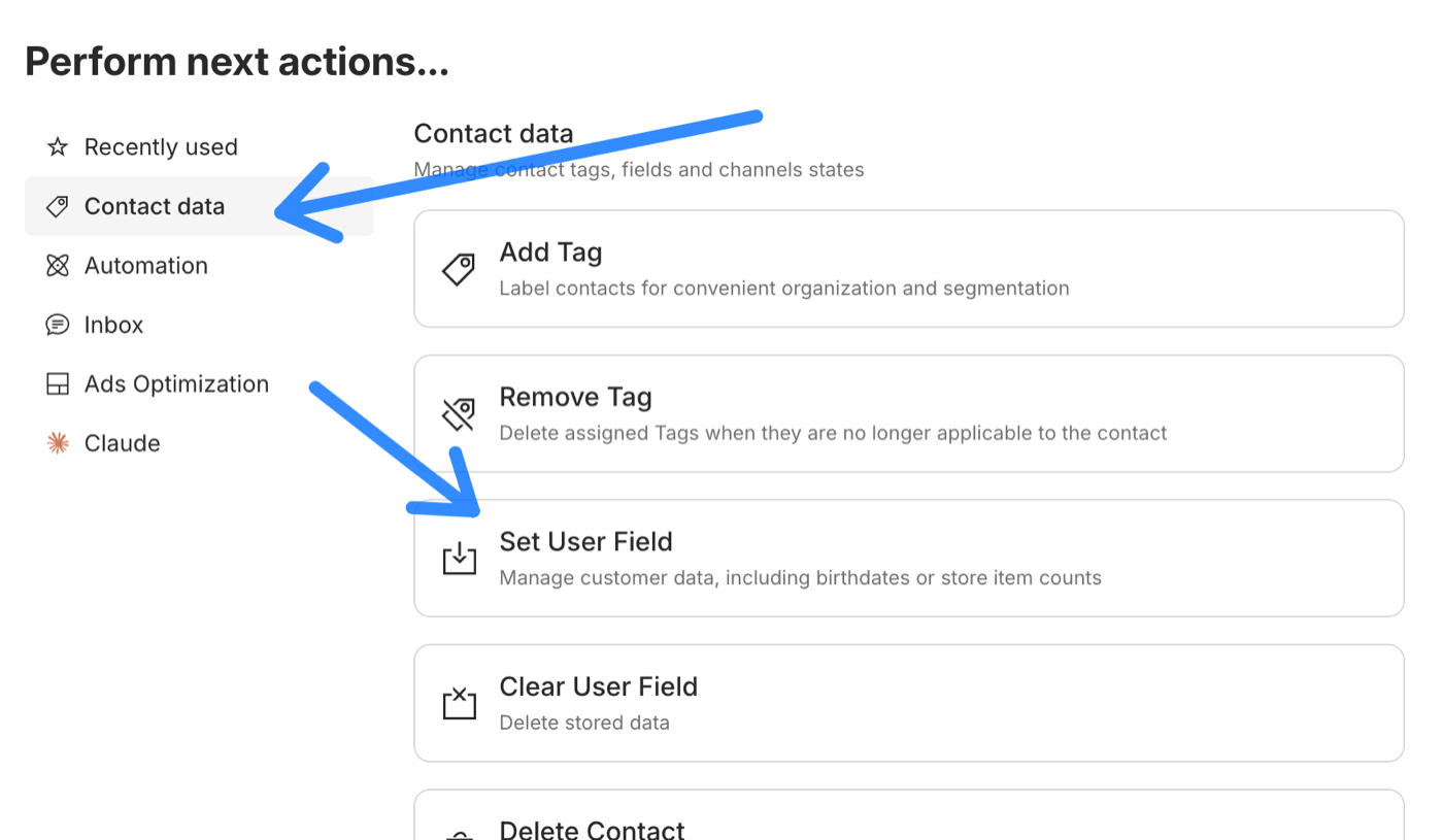 Action Set User Field dans Contact data
