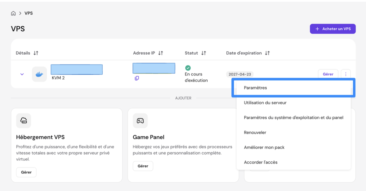 VPS Hostinger : menu Gérer puis Paramètres