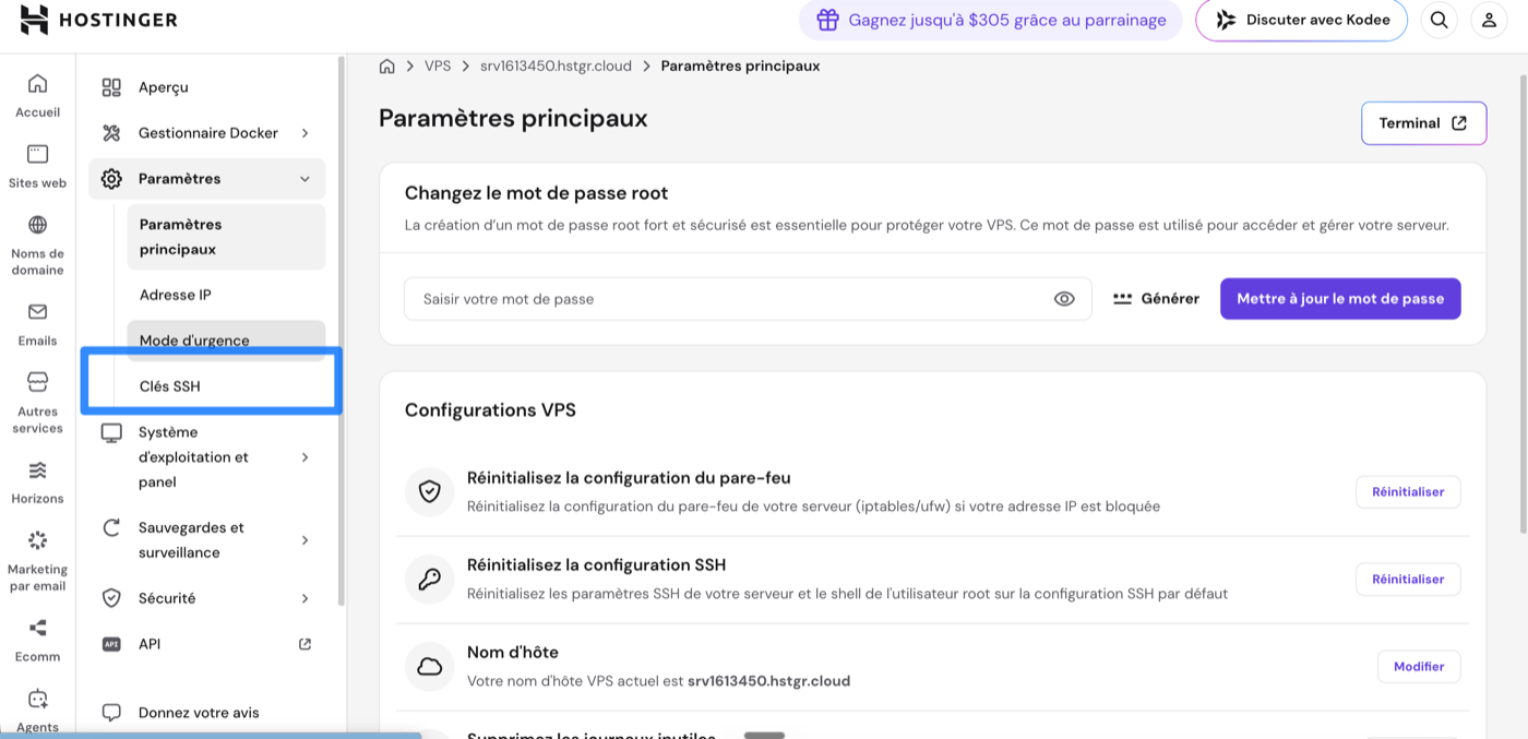 Paramètres principaux : entrée Clés SSH dans le menu latéral
