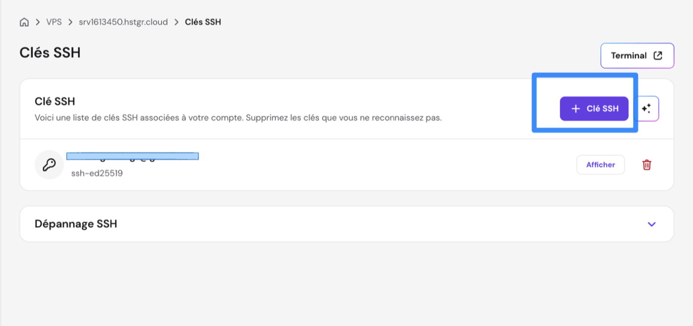 Page Clés SSH : bouton Ajouter une clé SSH