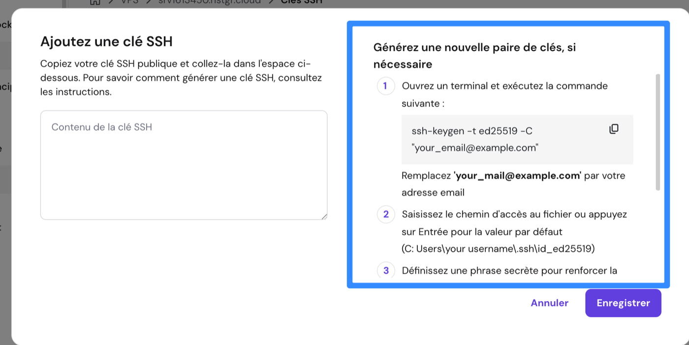 Modale d'ajout de clé SSH avec la commande ssh-keygen