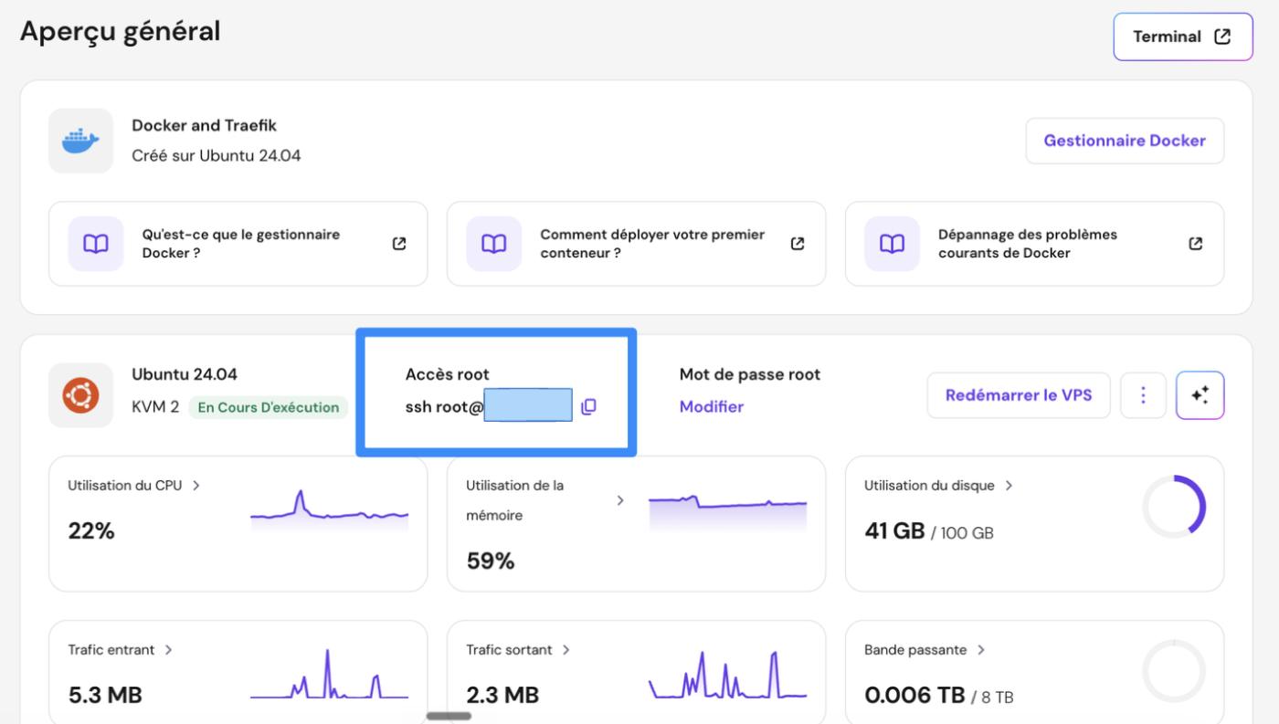 Aperçu général du VPS : commande d'accès root ssh root@IP