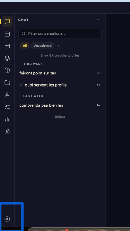 Interface Hermes : bouton réglages en bas à gauche