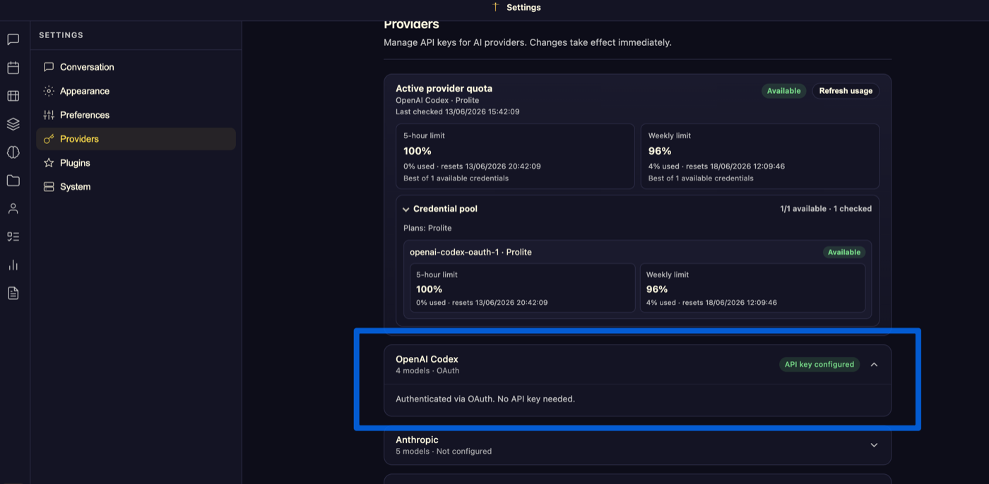 Provider OpenAI Codex authentifié via OAuth dans Hermes